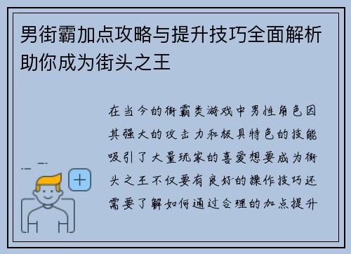男街霸加点攻略与提升技巧全面解析助你成为街头之王